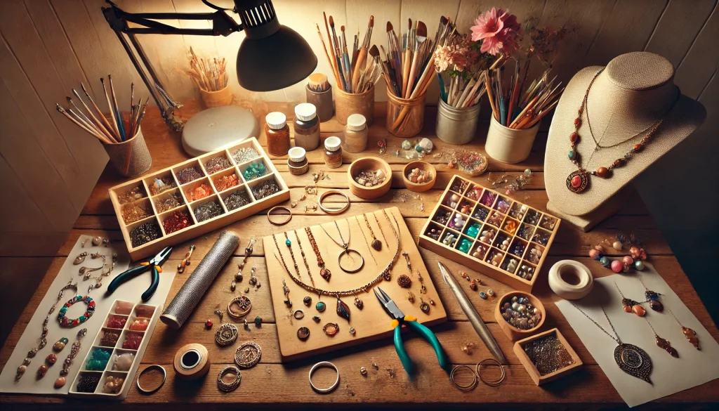 A cozy home crafting workspace where custom trinkets are being designed and assembled.