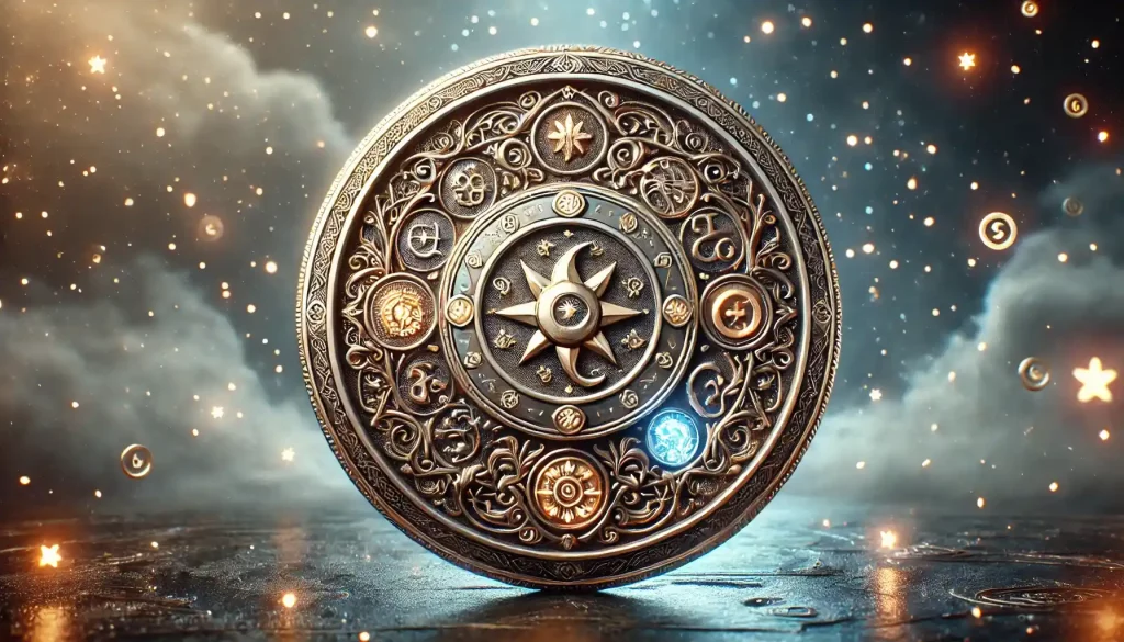 a fantasy coin with intricate carvings, glowing magical symbols, and a unique celestial design with star combination.