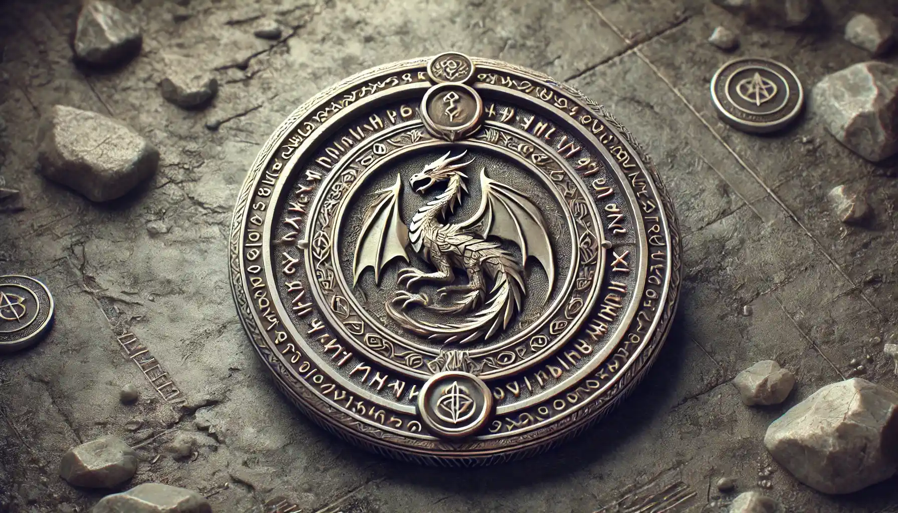 a fantasy coin with a metallic finish, glowing runes and an emblem of a dragon in the center. 