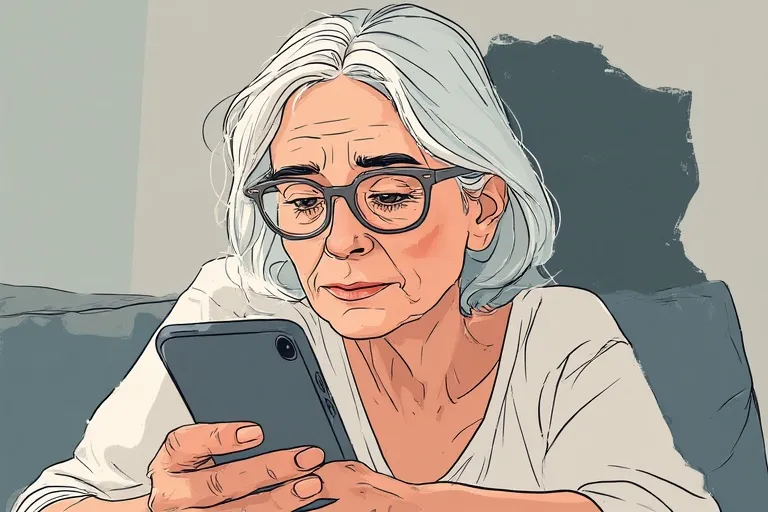  woman looks thoughtfully at her phone