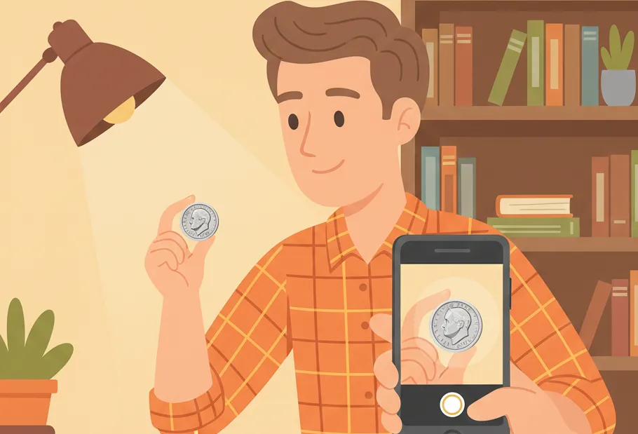 man, checking coin details with the phone at home